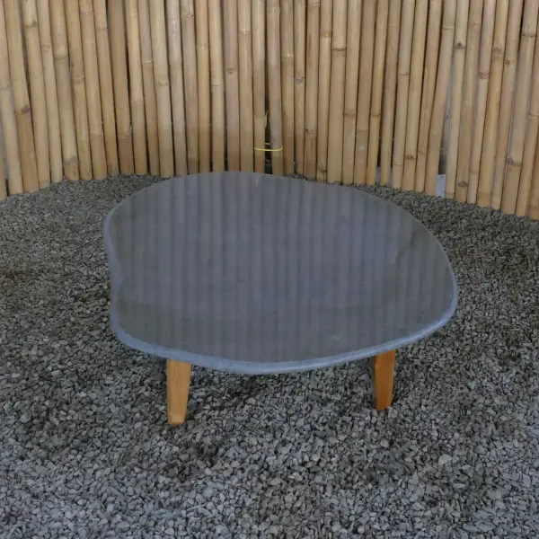 Product image 1 of the product “Unique round flat Table, made from Riverstone slate with teak feet, approx dia. 80cm, 30cm height and 6cm thickness ”